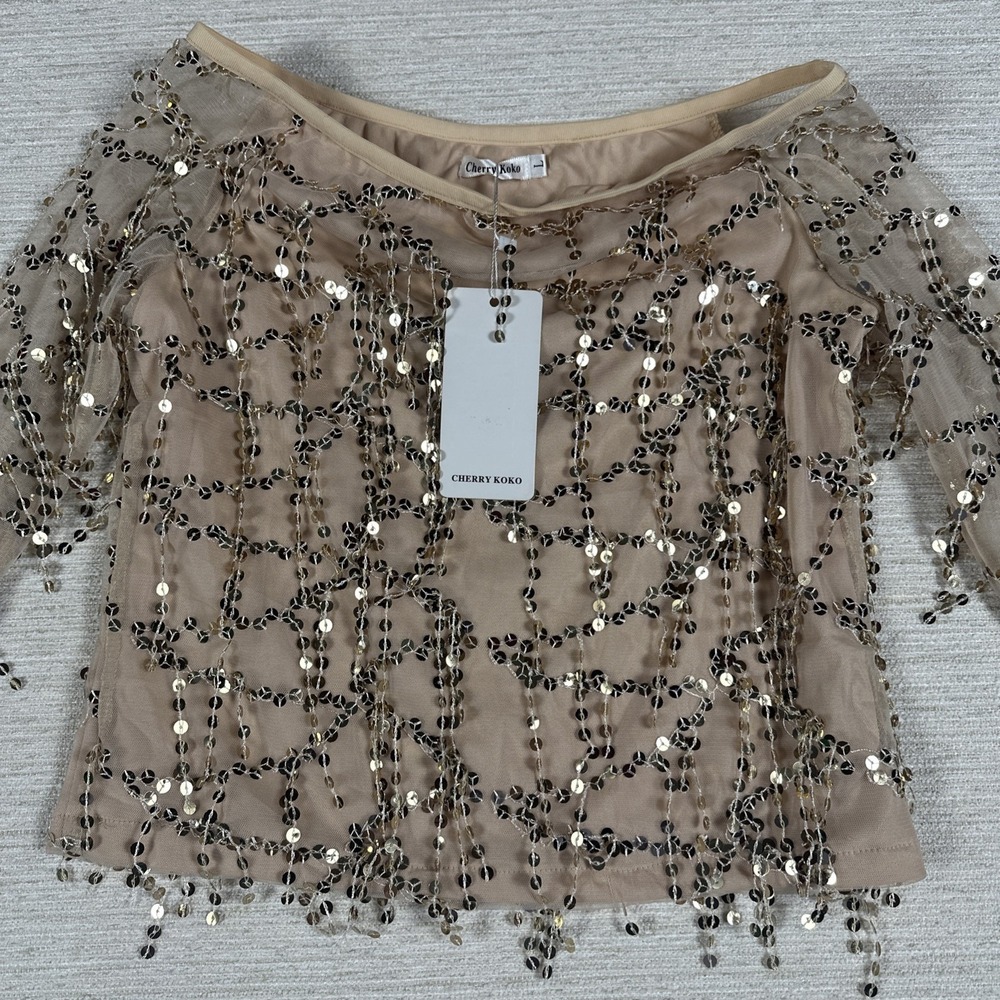 Sequin Mesh Sheer Crop Top Nude Gold Long Sleeve Party Festival Women's L NWT